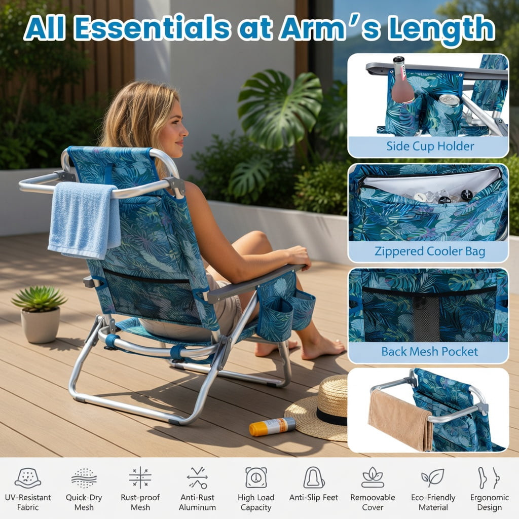 Hommoo 2-Pack Portable Beach Chairs with 5-Position Reclining Backrest, Padded Headrest & Insulated Cooler Bag, Peacock Blue