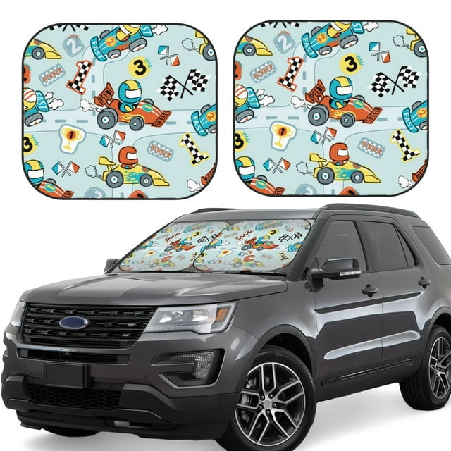 Fotbe Cartoon Car Racing Juego de 2 Piezas de Parasoles para Parabrisas | Bloqueador Solar para Auto | Accesorios Plegables para Protección Solar Interior-Large