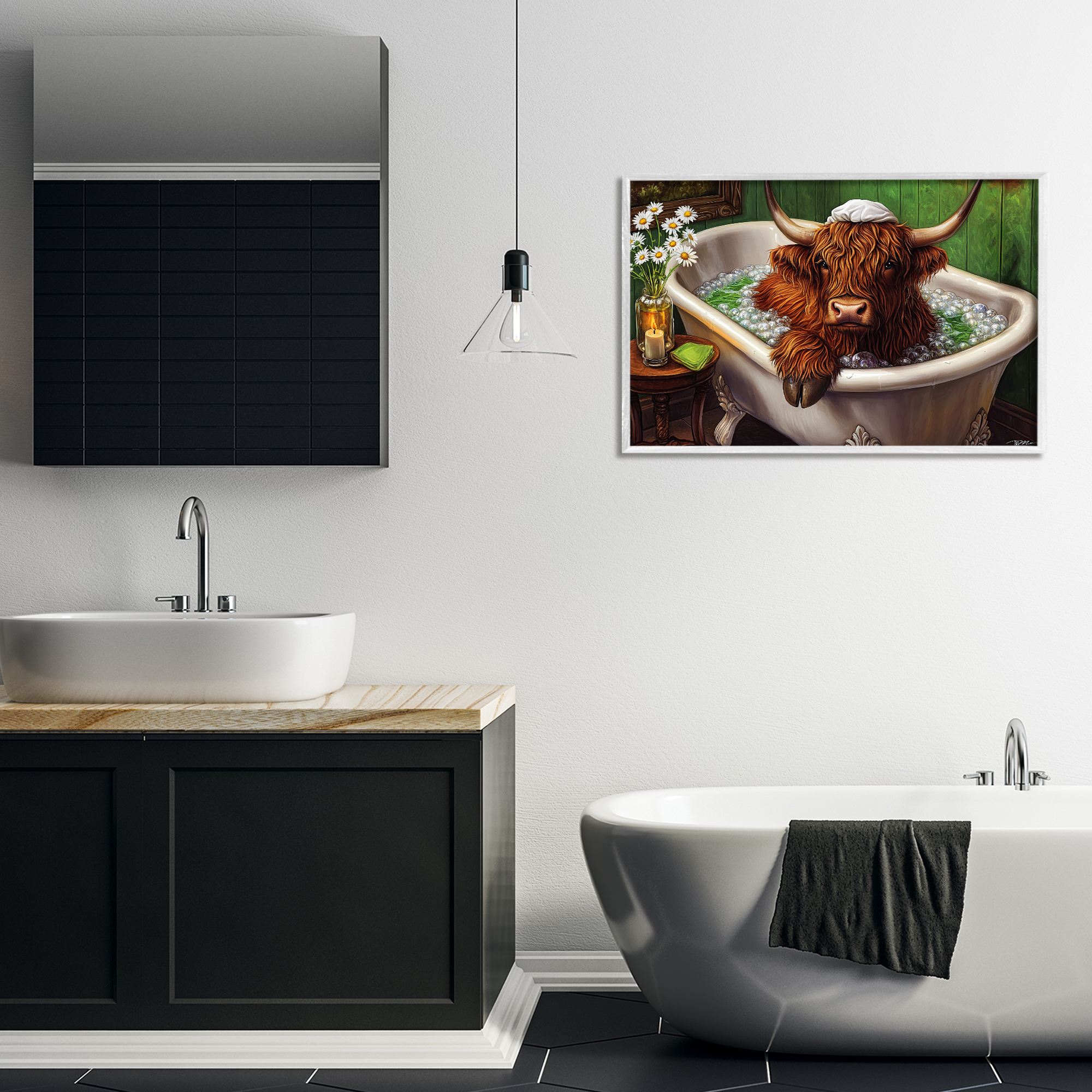 Highland in Candle Lit Bubble Bath White Framed Giclee Art, design by Momart
