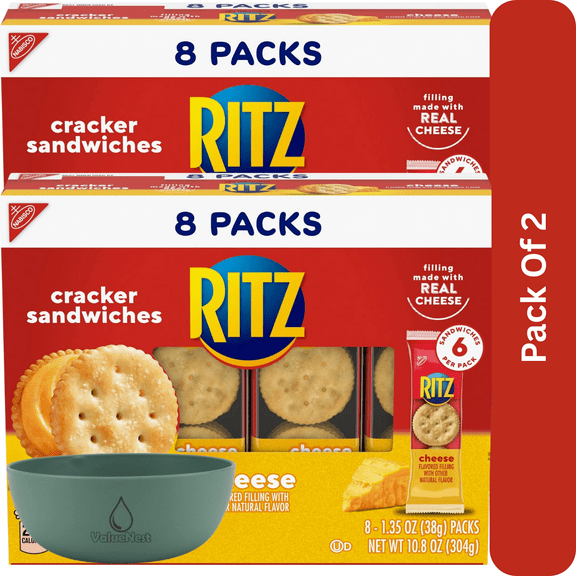 RITZ Cheese Sandwich Crackers, Lunch Snacks,(6 Crackers Per Pack) 8 Snack Packs, With Olive Green Bowl By ValueNest