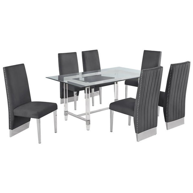 7pc. 68" x 40" Glass Dining Set with 6 Chairs and Silver Stainless Steel