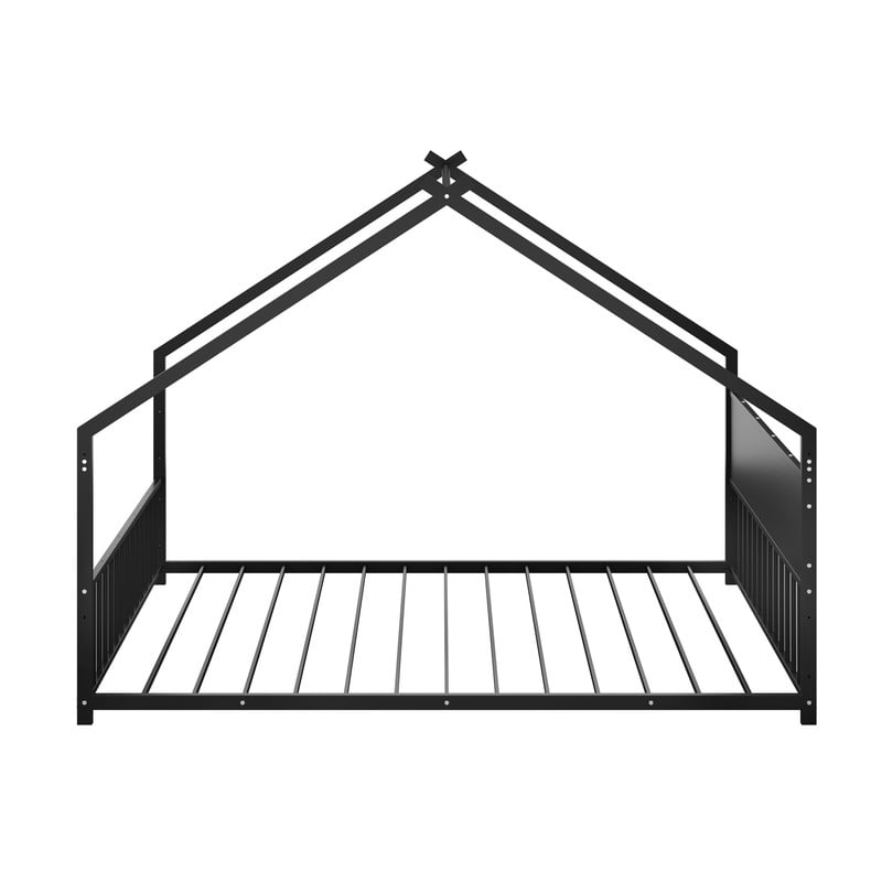 Full Size Montessori Bed with LED Light Strips, Metal Floor Bed with Headboard and Footboard, Full House Bed Frame with Slats Support（Black)
