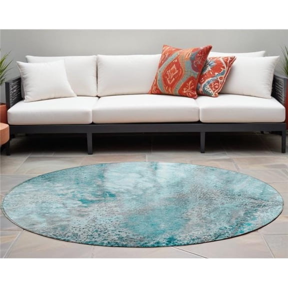 HomeRoots 559618 8 ft. Round Gray & Ivory Round Abstract Washable Non Skid Indoor Outdoor Machine Woven Area Rug