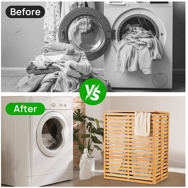 Bamboo Laundry Hamper with Lid – Foldable Clothes Basket with 2-Section Removable Liner Bag, Space-Saving Laundry Sorter for Bathroom, Bedroom, and Laundry Room