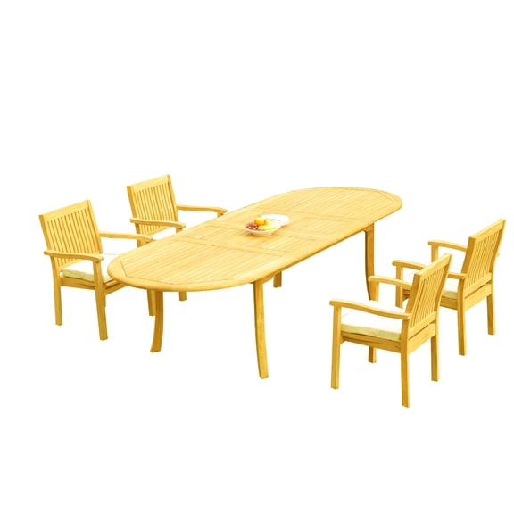 Grade-A Teak Dining Set: 4 Seater 5 Pc: 118" Oval Table And 4 Leveb Stacking Arm Chairs Outdoor Patio WholesaleTeak #51LV2605