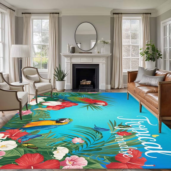 6'x9' Area Rugs, Flowers Birds Indoor Outdoor Area Rug for Living Room Bedroom, Summer Botanical Floral Watercolor Butterfly Washable Bathroom Rugs Kitchen Floor Carpet Mats Home Decor Aesthetic