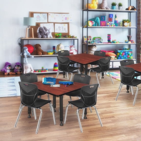 Regency 36 Square Adjustable Classroom Table- Cherry & 4 Andy 12 Stack Chairs- Black