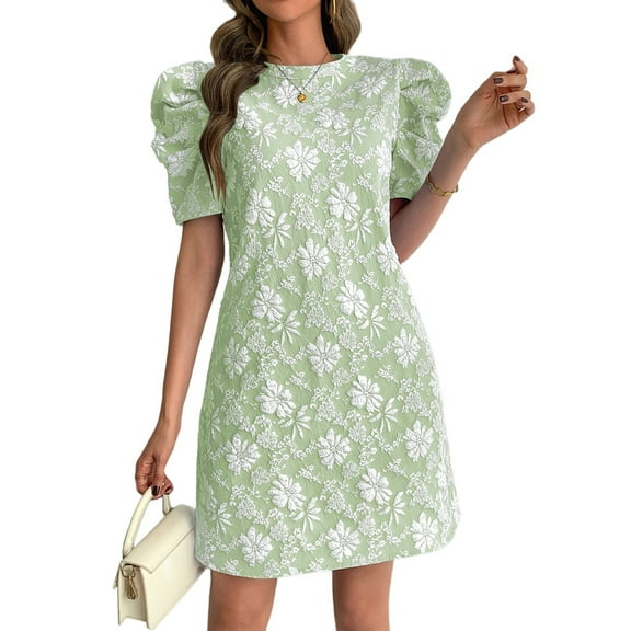Women'S Floral Puff Short Sleeve Mini Dress High Waist Summer Boho Short Dresses Light Green S