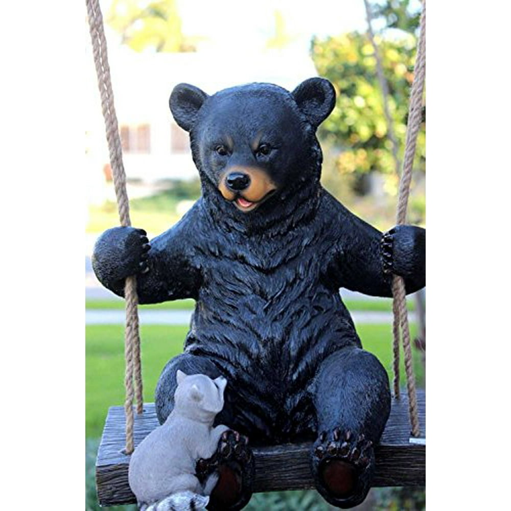Swinging Black Bear With Buddy Squirrel Outdoor Garden Sculpture