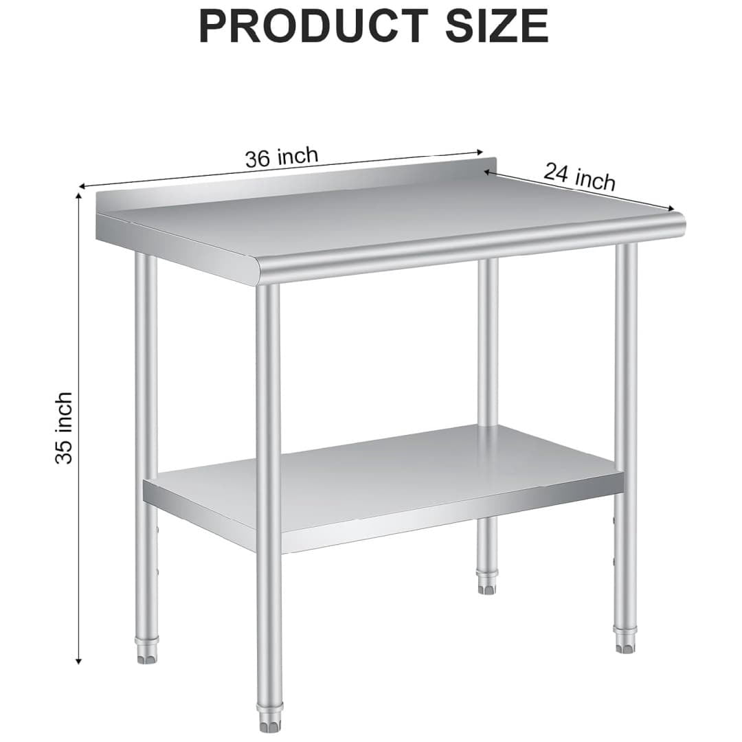 EastVita 36x24 Inches Stainless Steel Prep Table with Backsplash Commercial Heavy Duty Work Table Adjustable Under Shelf for Kitchen Restaurant Business