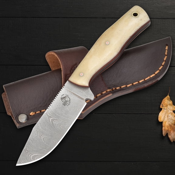 Knives Ranch 3070-B Damascus Steel Knife, Fixed Blade, Cattle Bone Handle