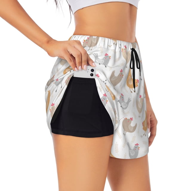 Balery Funny Chicken Pantalones cortos deportivos para mujer con forro y dos bolsillos, elásticos, para entrenamiento, gimnasio, yoga-Large
