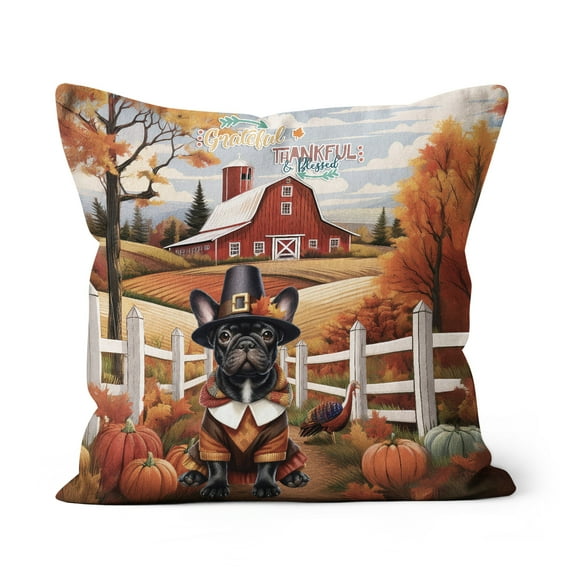 Thanksgiving French Bulldog Pilgrim Grateful, Thankful, Blessed Fall Welcome Pillow Cushion Double Sided Dog Lover Gifts Throw Pillow - 00021