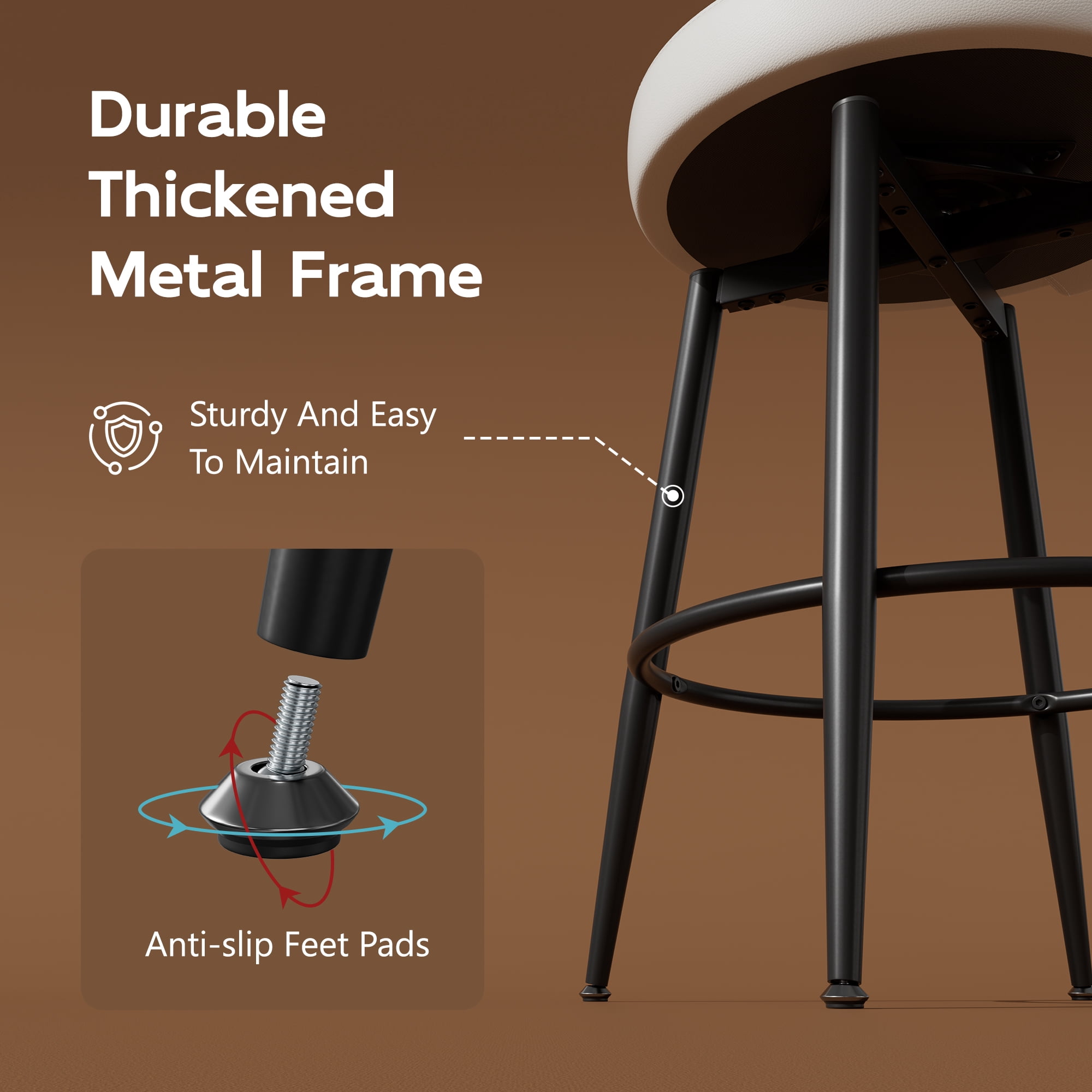 Homezeer 26" Bar Stools Set of 4, Low Back Counter Height Bar Stools with Round Seat, PU Leather Swivel Bar Chair for Kitchen, White