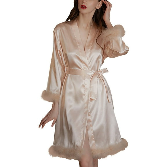 HNMKIU Women's Feather Pattern Robe for Women Bridal Dressing Gown Wedding Makeup Kimono Bathrobe for Bride and Bridesmaids Gold,L