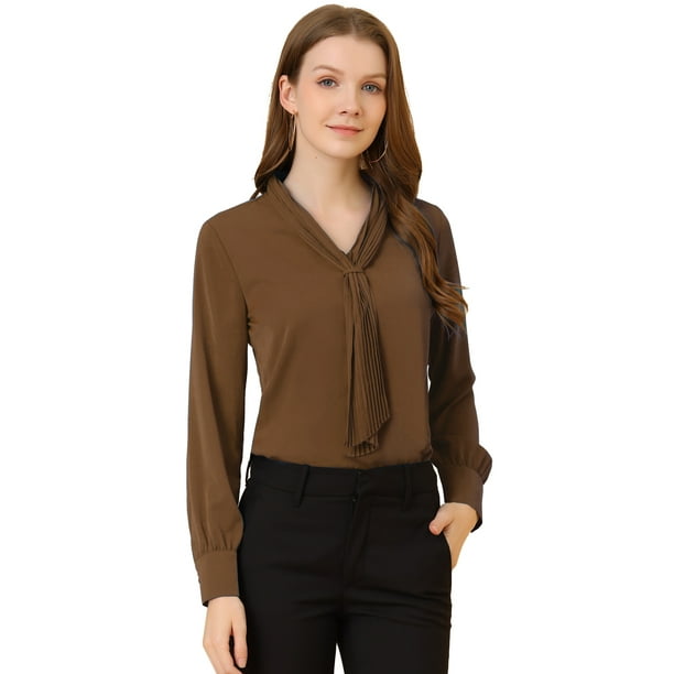 INSPIRAR CHIC Blusas de Manga Larga para Mujeres, Camisa de Oficina de Chifón con Pliegues y Cuello con Lazo XL Café