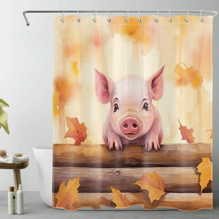 HVEST Farmhouse Fall Shower Curtain for Bathroom Cute Pink Pig and Orange Maple Leaf Bathroom Shower Curtains with Hooks, Country Vintage Bathroom Curtains Shower Set 60x72 inch