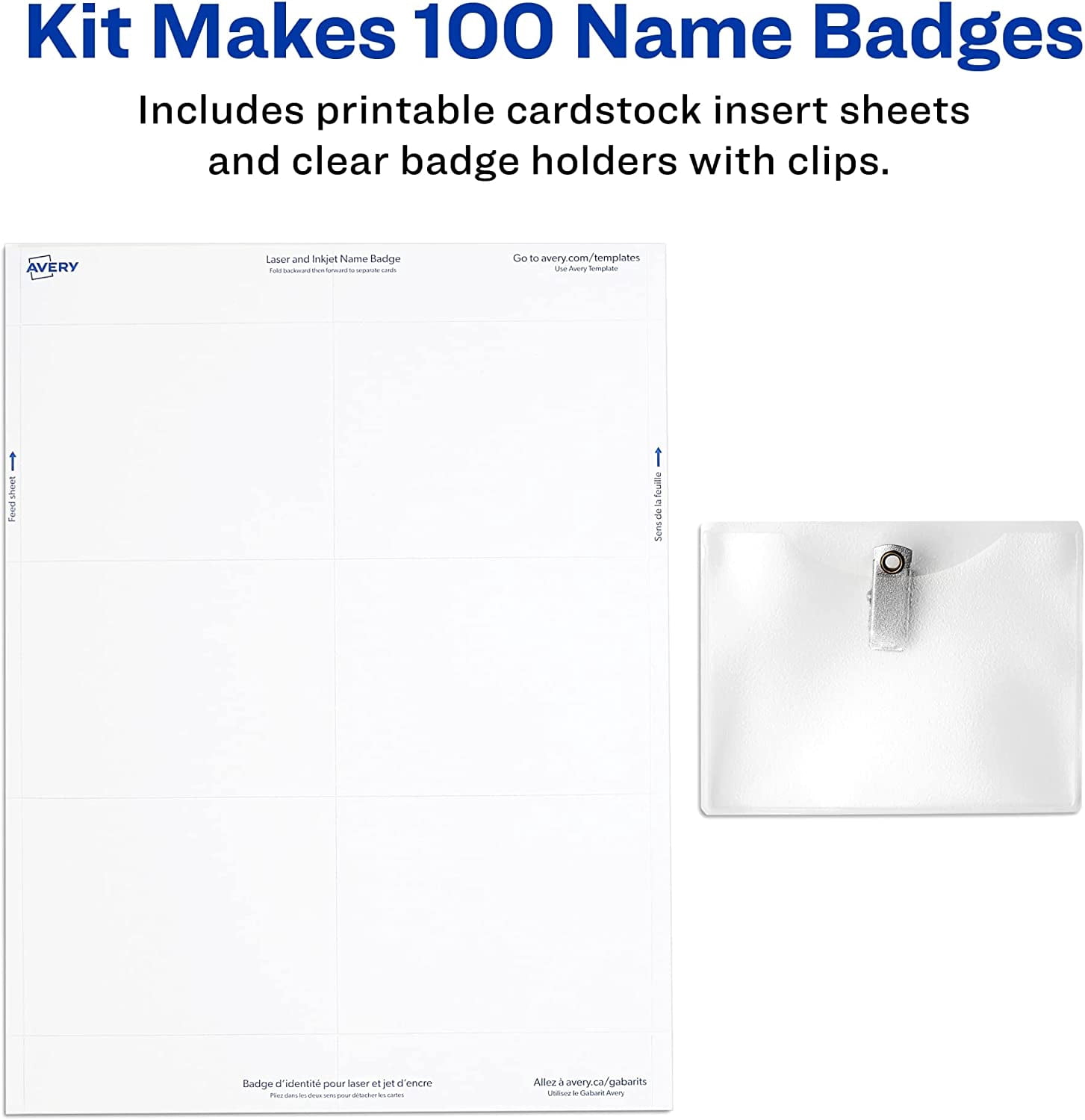 Avery Clip-Style Name Badge Holder with Laser/Inkjet Insert, Top Load, 4 x 3, White, 100/Box