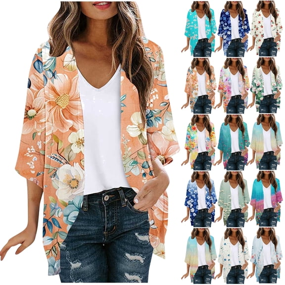 Feancey Women Kimono Cardigans Lightweight Open Front Casual Summer Tops Chiffon Beach Swimsuit Cover up Resort Wear Clearance Today Prime! Multicolor L