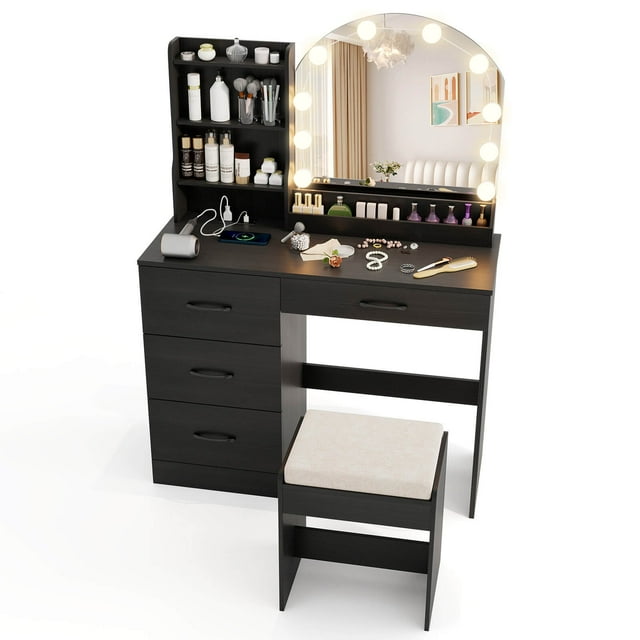 Costway Vanity Set with Mirror and Lights Dressing Table and Chair 4 Drawers 3 Open Shelves Black