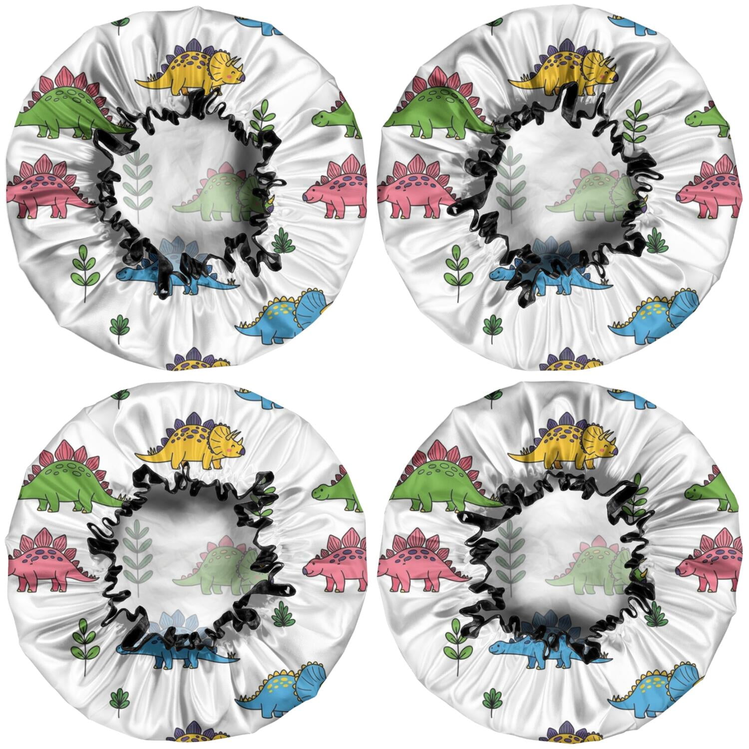 Shower Caps,White Dinosaurs Plants Pattern Waterproof Shower Cap for Women 4 Pieces,Double Reusable Hair Cover for Shower PEVA Elastic Stretch Hem