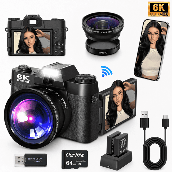 Ourlife 6K Digital Camera, 64MP Autofocus, 3" IPS Screen, Wide Angle Macro Lens, WiFi Control, 16X Zoom, External Mic, 64GB Card