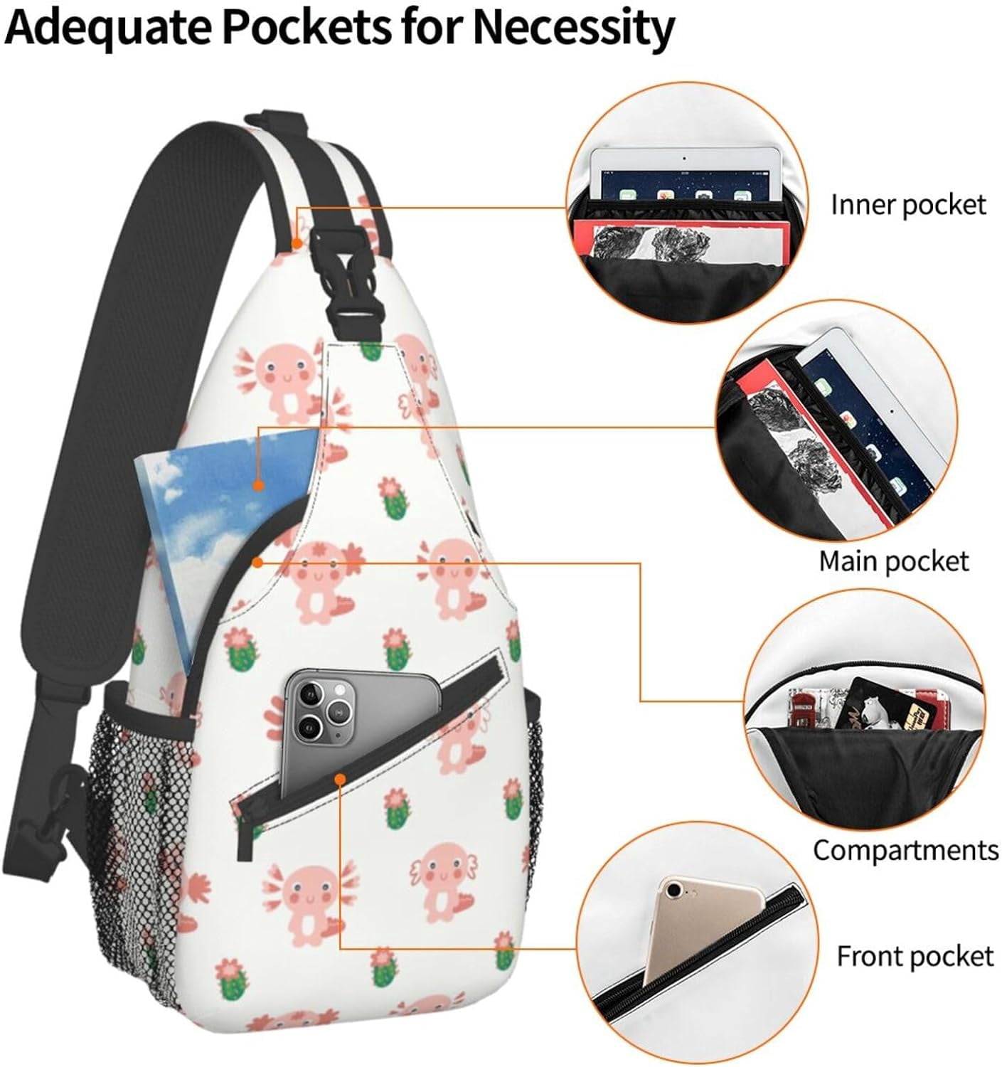Kawaii Axolotl Animal Pattern Sling Bag Crossbody Hiking Travel Chest Bags Backpack Shoulder Daypack for Women Men