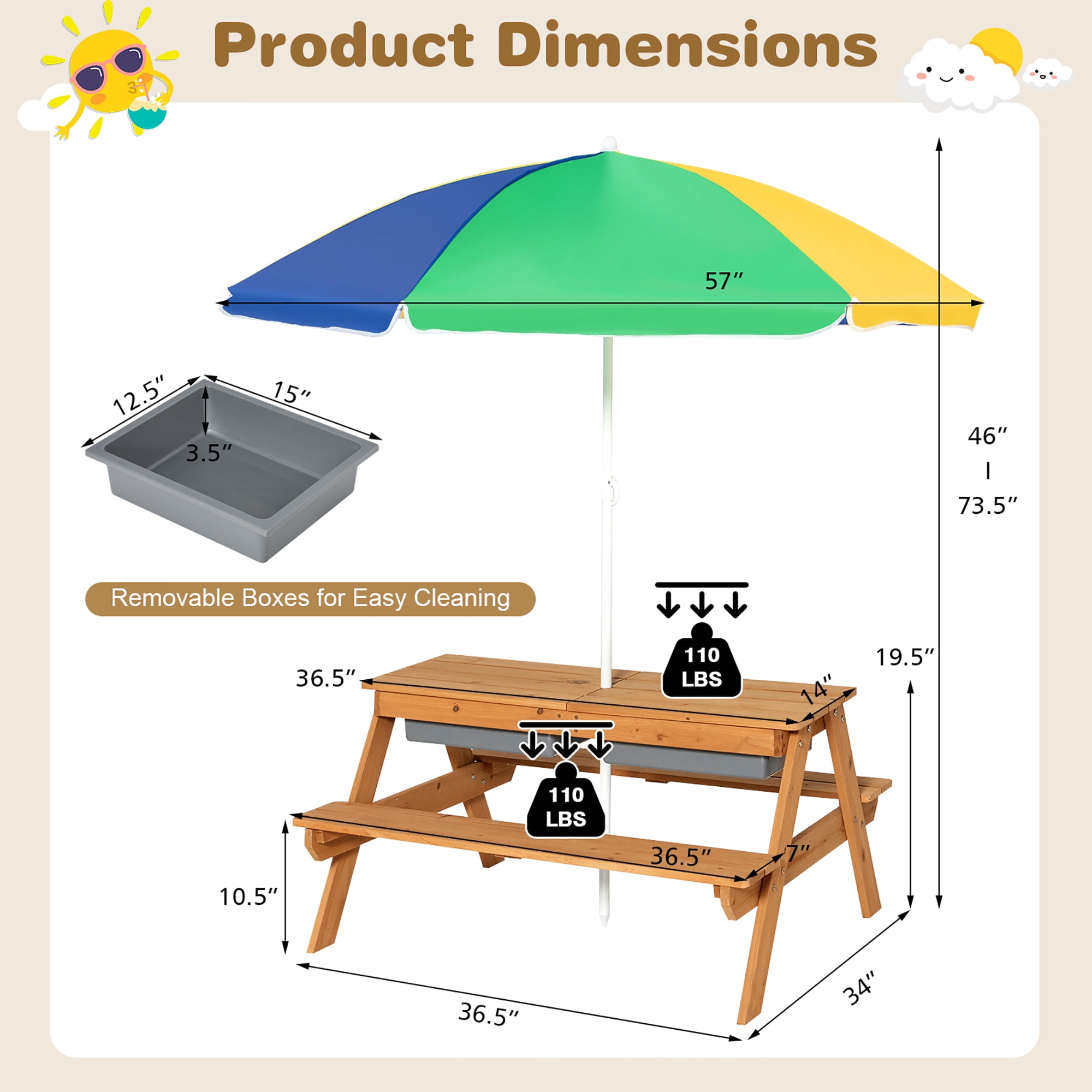 Costway 3-in-1 Kids Picnic Table Wooden Outdoor Sand & Water Table with Umbrella Play Boxes Green