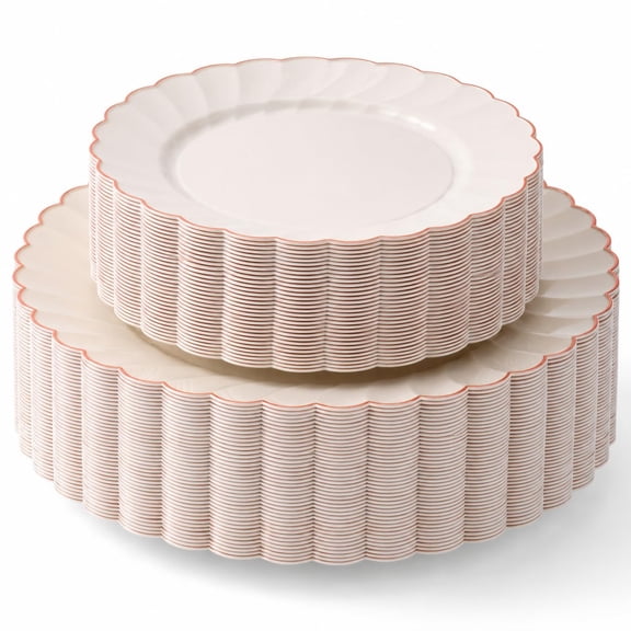 HEAVYWEIGHT Plastic Plates for Party | 60 Pc Ivory Scalloped Plates with Gold Trim | Fancy Disposable Plates for Weddings, Bridal Showers & Events | 30 Dinner & 30 Dessert