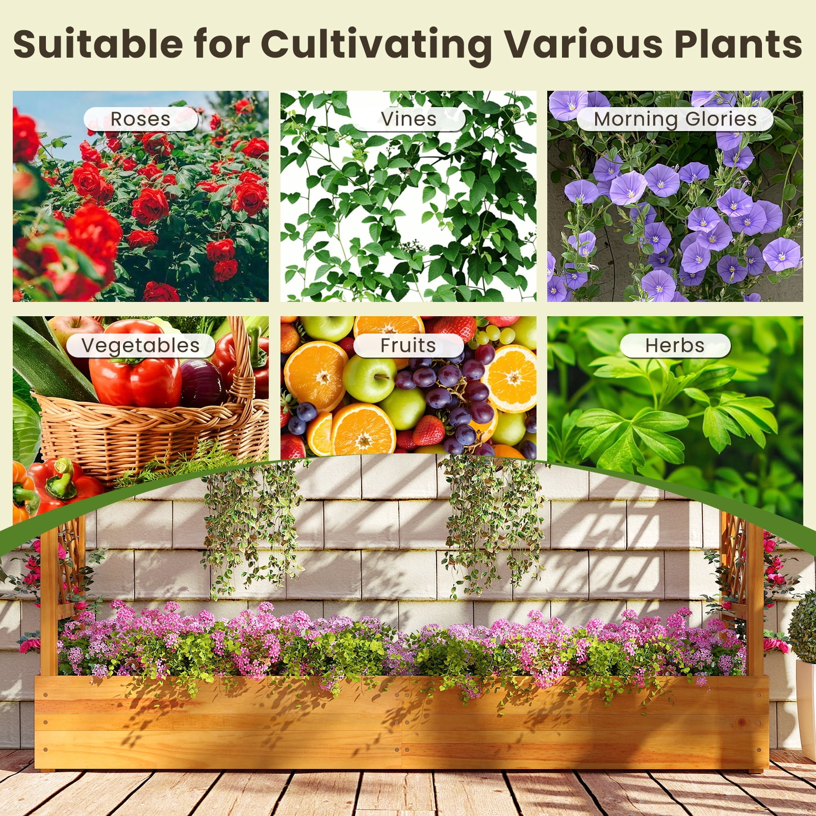 Costway 1 PCS 45” Raised Garden Bed with Trellis with Hanging Roof, 2 Side Trellises for Flower