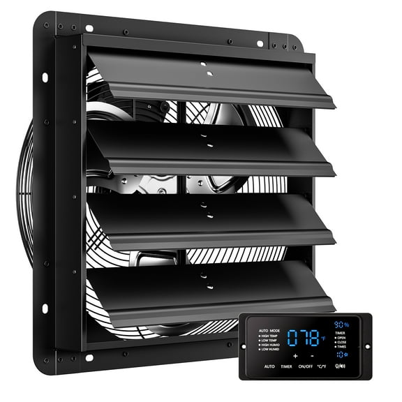 CAMMOO 16 Inch Shutter Exhaust Fan with Temp Humidity and Speed Touchscreen Controller, 10-Speed Wall Mount Fan for Attic, Greenhouse, Garage, Chicken Coop Ventilation