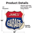 thumbnail image 2 of James's Garage 18 inch X 18 inch Shield Shaped Heavy Duty 3.2 mil Vinyl Decal Weather Resistant, UV Protected To last, Gift for Dads and Uncles Classic Americana Crafted in the USA, 2 of 6