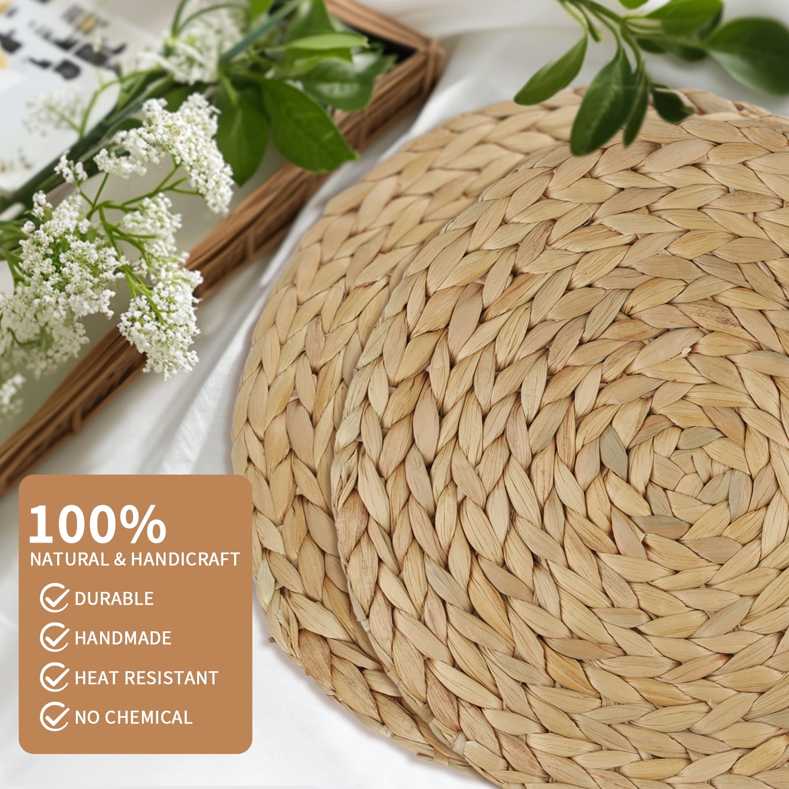 6 Pack Round Woven Placemats Natural Water Hyacinth Wicker Place mats Braided Straw Table Mats Charger Plates for Dining Table, Fall, Thanksgiving, Christmas (11.8 inch)