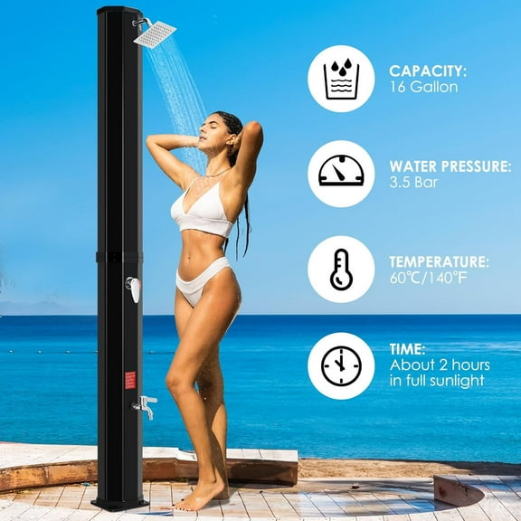 Arlopu 16 Gallon Solar Heated Shower with Shower Head and Foot Shower Tap for Outdoor Poolside Backyard, with 210D Oxford Cloth Cover