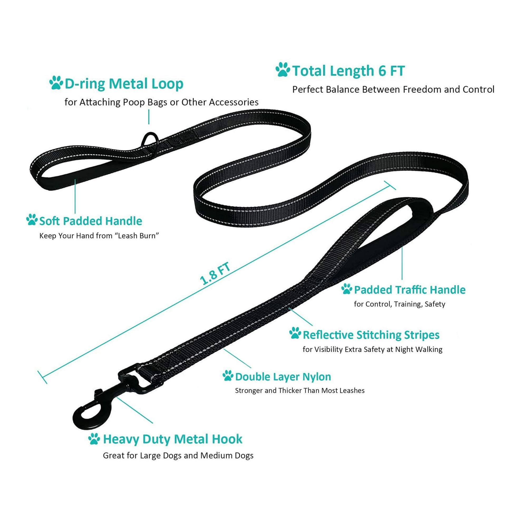 Heavy Duty Dog Leash 2 Handles by Padded Traffic Handle for Extra Control 6foot Long Perfect for Medium to Large Dogs 6 ft Black Walmart