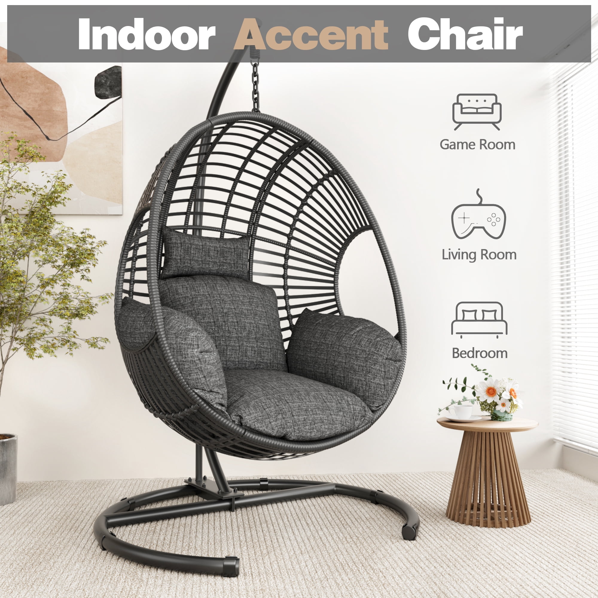 CHINNLUU Oversized Hanging Egg Chair with Stand, Outdoor Indoor Wicker Swing Chair with UV-Resistant Cushions and Rain Cover, 400lbs Capacity Patio Hammock Chair for Backyard, Balcony, Black