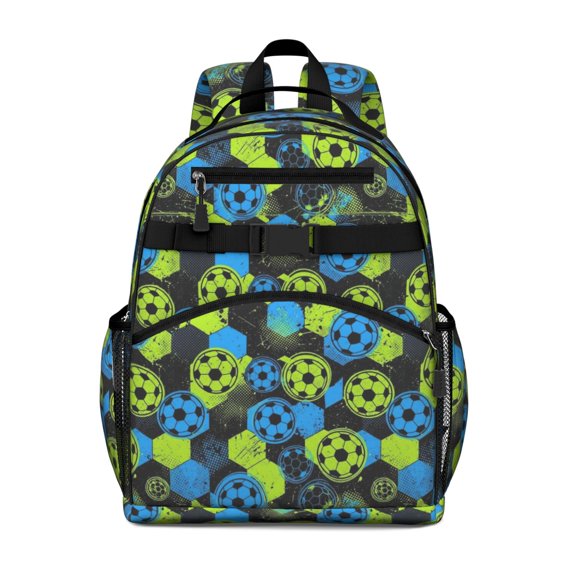 Football and Hexagon Green Pattern Cute School Backpack Bag for School with Padded Back and Adjustable Shoulder Straps 15.25"x11.5"x5.25"