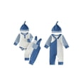 thumbnail image 2 of Loicainy Infant Baby Boy Fall Outfit 3 6 12 18 Months Striped Rompers and Front Pockets Overalls with Hat Clothes Set, 2 of 9