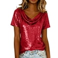 thumbnail image 1 of Camisas de Manga Corta para las Mujeres Casual Brillante Color Sólido Empalmado Cuello de Tortuga Tops para el Uso Diario, 1 of 9