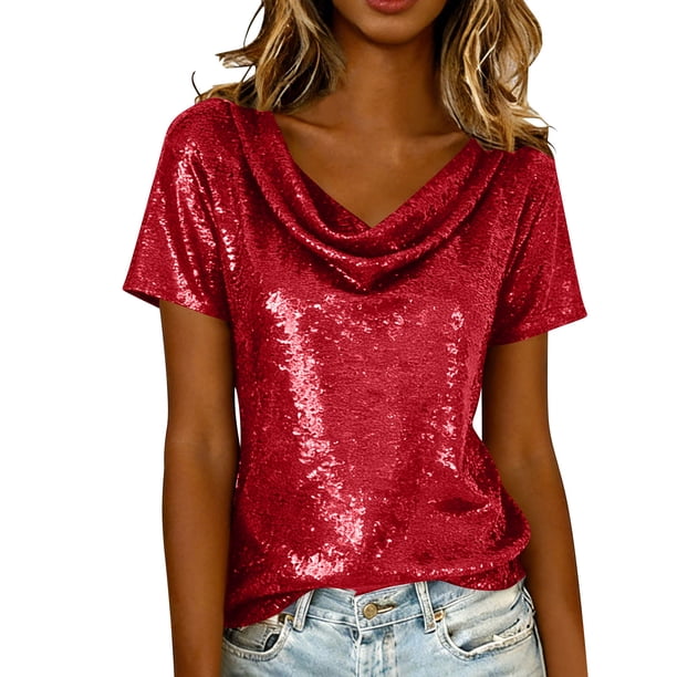 Camisas de Manga Corta para las Mujeres Casual Brillante Color Sólido Empalmado Cuello de Tortuga Tops para el Uso Diario