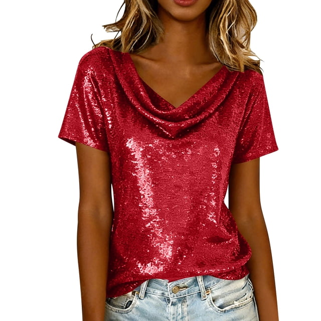 Camisas de Manga Corta para las Mujeres Casual Brillante Color Sólido Empalmado Cuello de Tortuga Tops para el Uso Diario