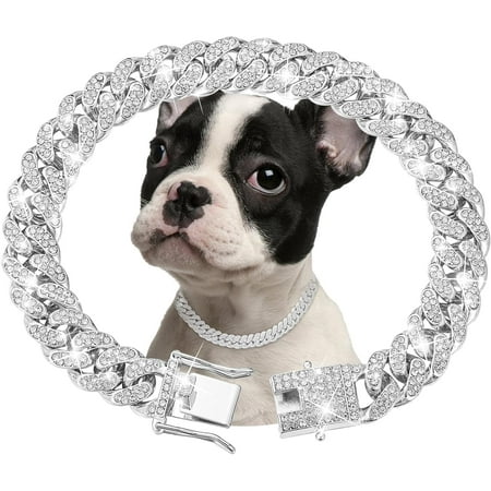 Wellsay Gold Dog Chain Collar Diamond Cuban Link Dog Collar 1m Wide Dog Necklace Metal Chain Pet Crystal Collar Jewelry Accessories for Small Medium Large Dogs s(16inch)