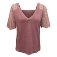 thumbnail image 3 of tklpehg Womens Casual Tops Short Sleeve Loose Ladies Tops Summer V-Neck Tees Shirts Lace Short Sleeve Tops Plain Colored Fashion Shirt Red 4(S), 3 of 5