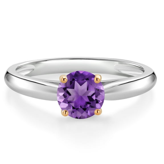 Gem Stone King 1.00 Ct Round Purple Amethyst 10K White and Yellow Gold Solitaire Engagement Ring (Size 6)