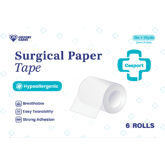 Ceeport Paper Surgical Tape 6 Rolls, 2" x 10 Yards Medical Paper Tape for Wound Care Latex-Free & Hypoallergenic Soft Gauze Tape