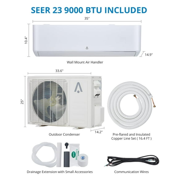 9,000 BTU Mini Split AC/Heating System, Split Air Conditioner & Heater, 23 SEER2 / 115V, Cools Rooms Up to 500 Sq. Ft., Ductless Inverter System, Wi-Fi Enabled Split-System Air Conditioner, White