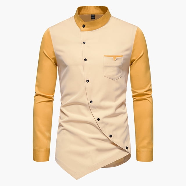Camisa de primavera y verano para hombre, camisa de manga larga con cuello Irregular y botones a la moda para hombre Pompotops oipoqjl47448
