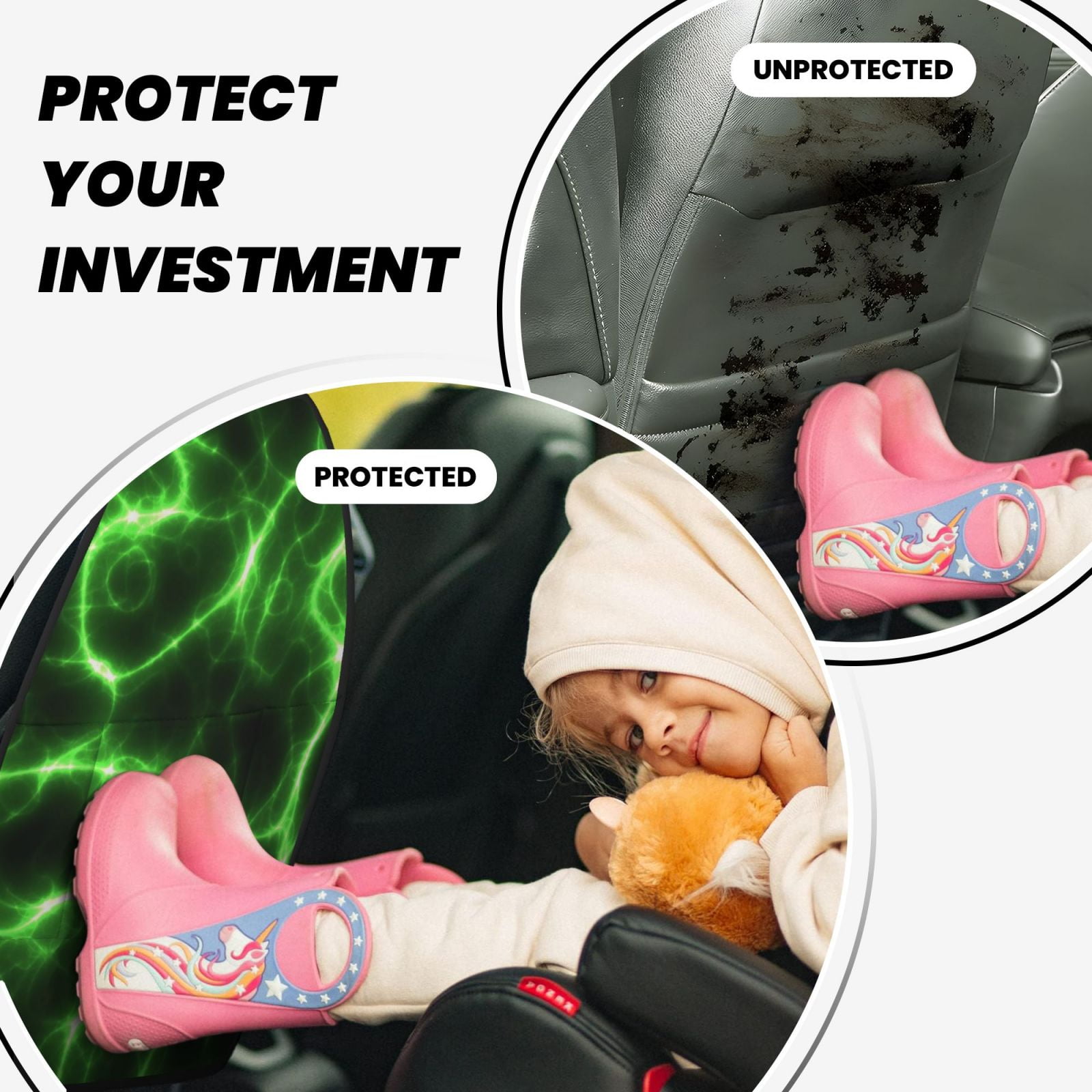 Xecao Green Lightning Pattern Car Seat Back Protector 2 Pack Large Capacity Pocket, Kick Mats Back Seat Protector