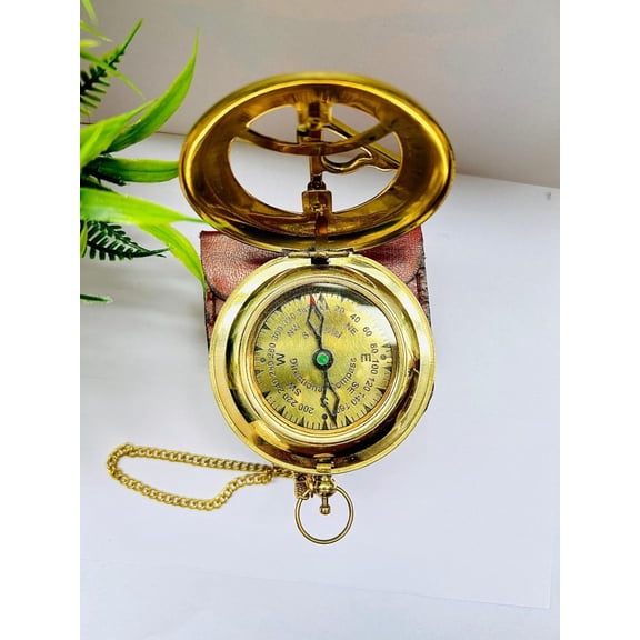 Antique Brass Sundial Compass with Leather Case – F.L. West London Replica