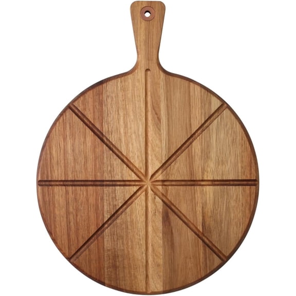 Dexas Acacia Wood Pizza Cutting Board, 14-Inch Round Paddle Board with Built-In Portion Grooves, Food Safe & Reversible